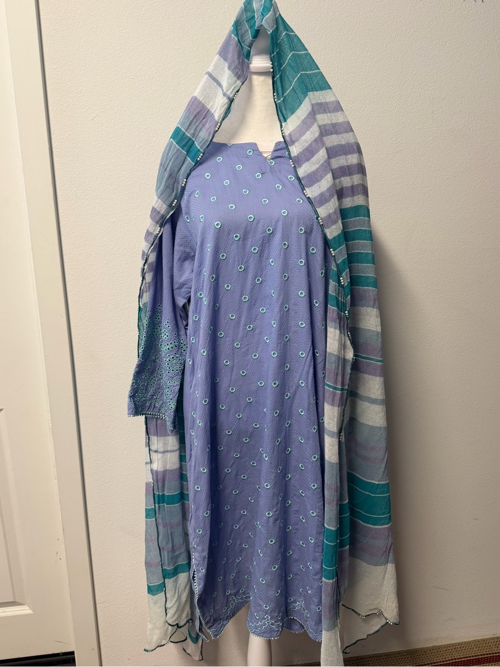 Pakistani Lavender Blue Embroidered Frock Dress 3 Piece Outfit